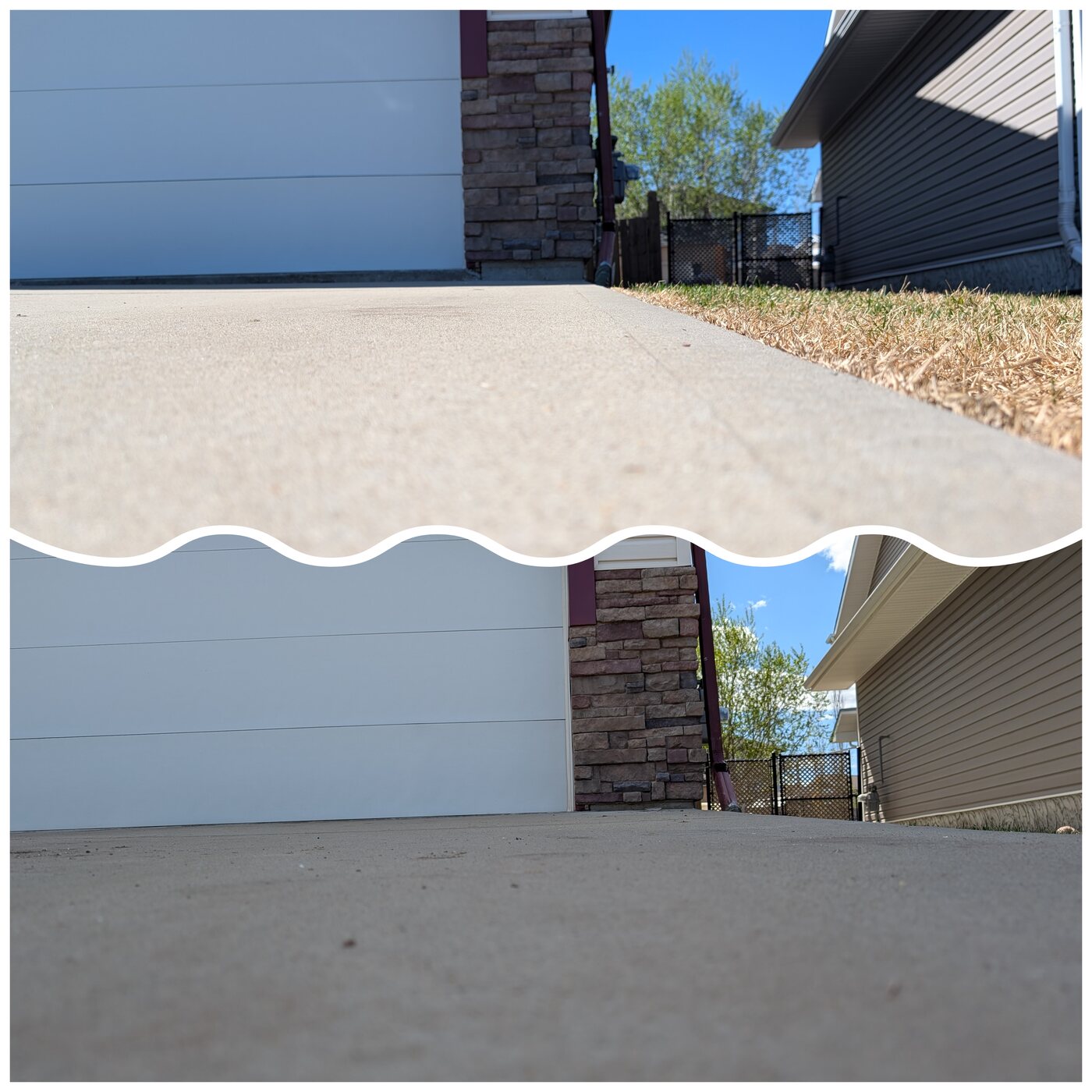 Sunken driveway apron lifted level with foam, before and after, Edmonton