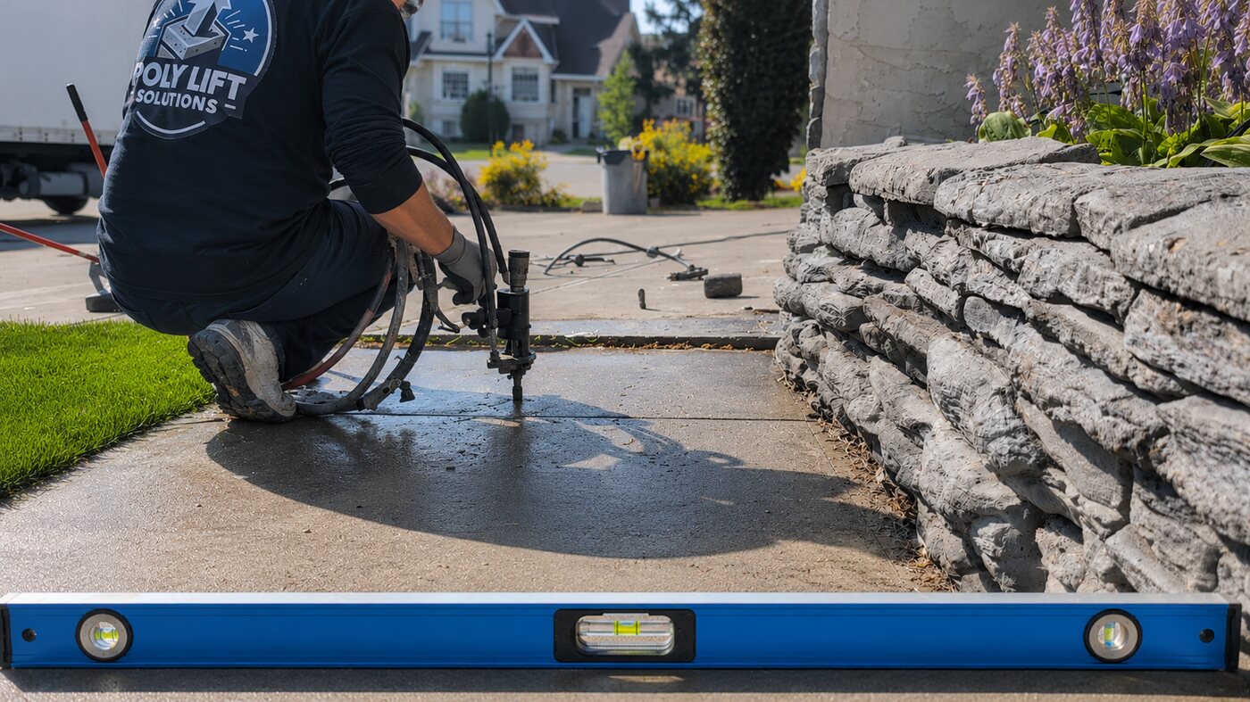 Poly Lift technician injecting foam to level a sidewalk slab in Edmonton